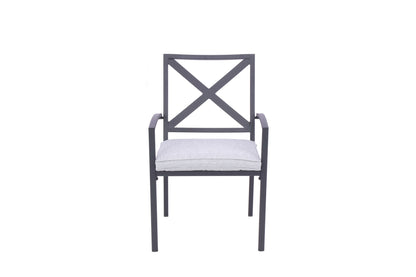 Set of Two Dark Gray Aluminum Outdoor Stacking Dining Chairs with Light Gray Cushion