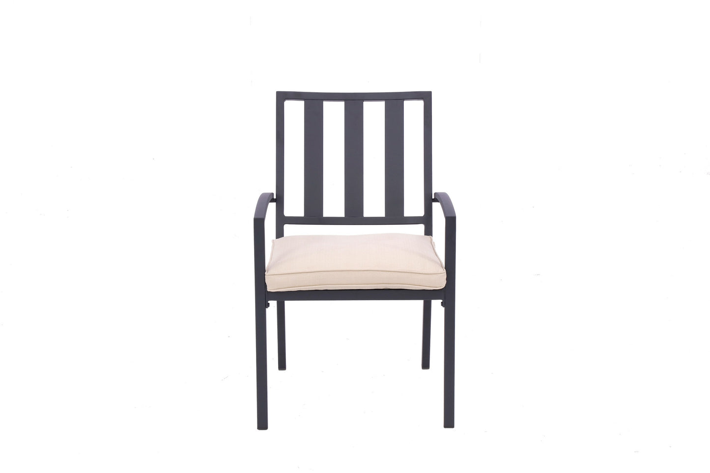 Set of Two Dark Gray Aluminum Outdoor Stacking Dining Chairs with Beige Cushion