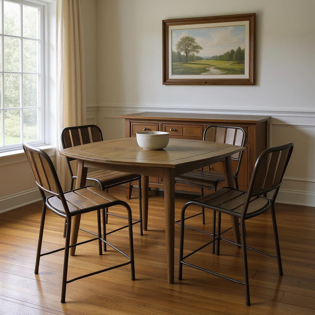 Five Piece Brown and Black Square Solid Wood Dining Set with Four Chairs