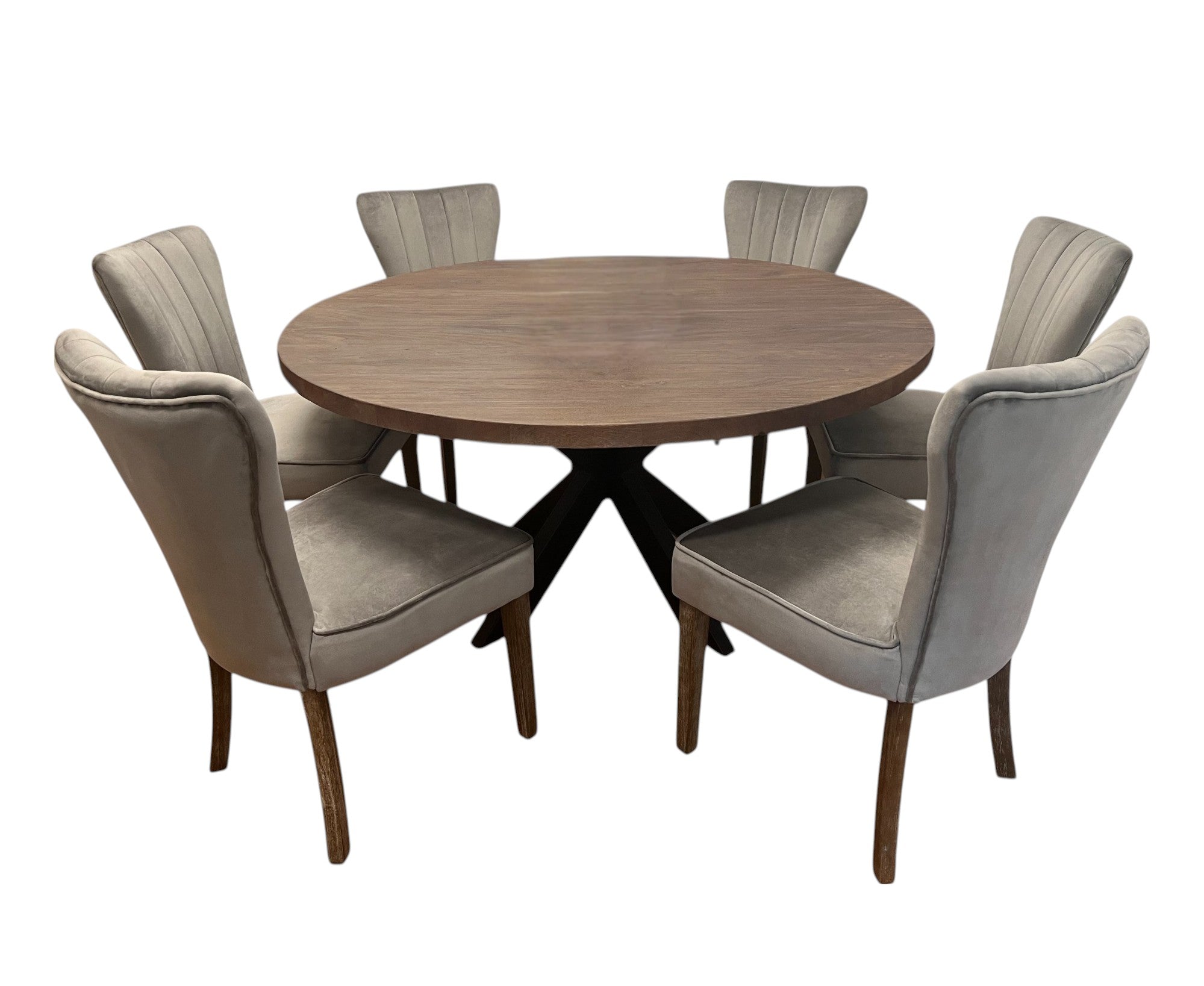 Seven Piece Gray and Black Round Solid Wood Dining Set with Six Chairs