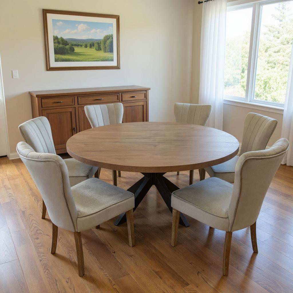 Seven Piece Gray and Black Round Solid Wood Dining Set with Six Chairs