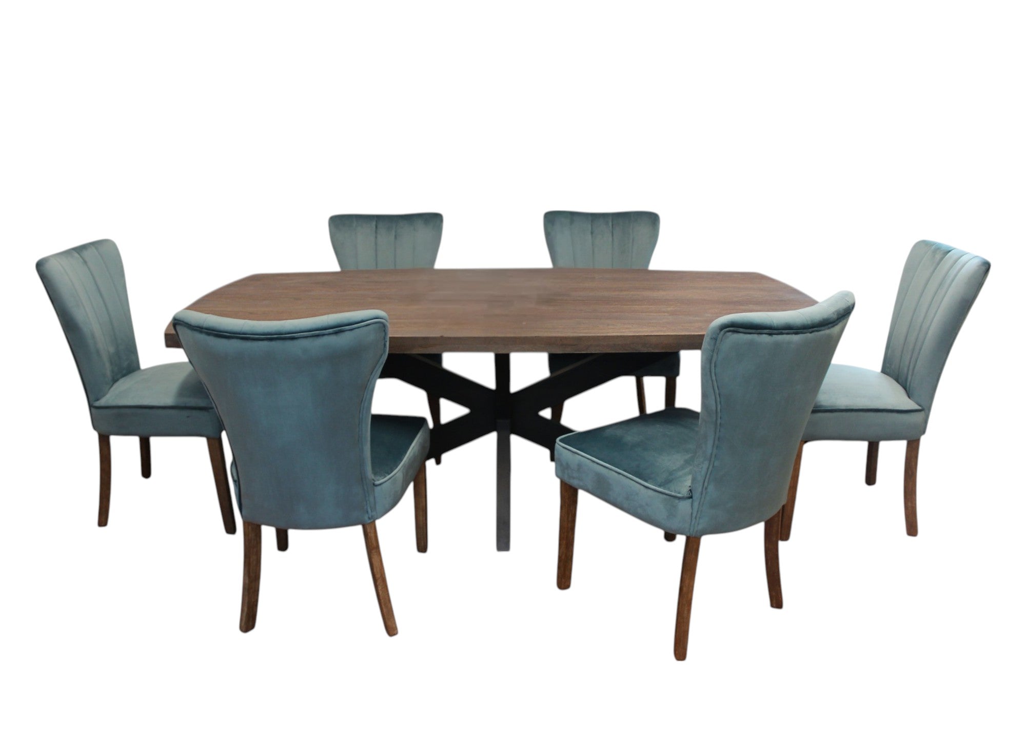 Seven Piece Gray and Black Solid Wood Dining Set with Six Chairs