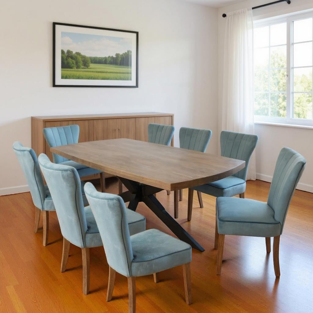 Nine Piece Gray and Black Solid Wood Dining Set with Eight Chairs