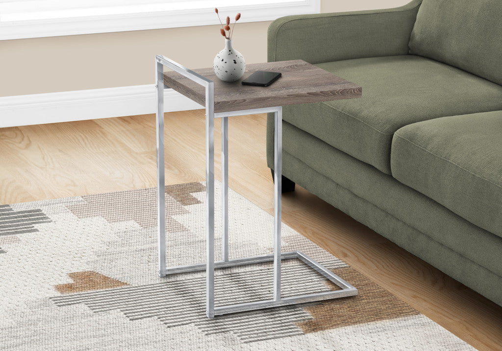27" Taupe and Silver Wood and Metal End Table