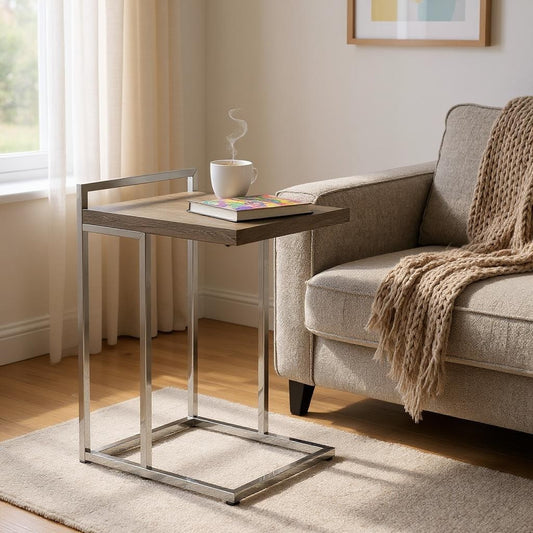 27" Taupe and Silver Wood and Metal End Table