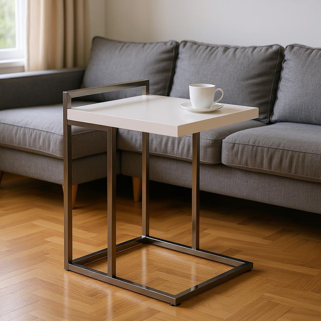 27" White and Silver Wood and Metal End Table