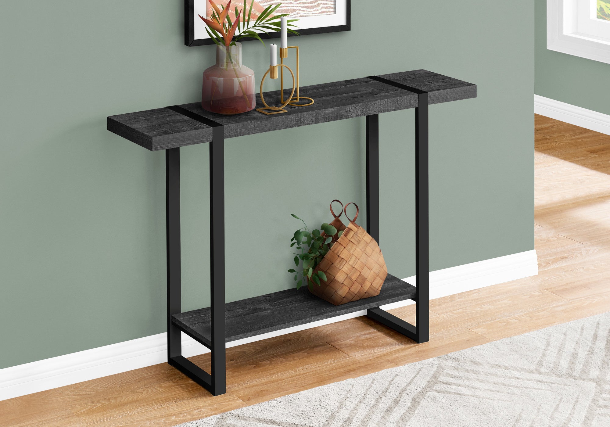 47" Black Wood and Metal Distressed Sled Console Table With Shelf