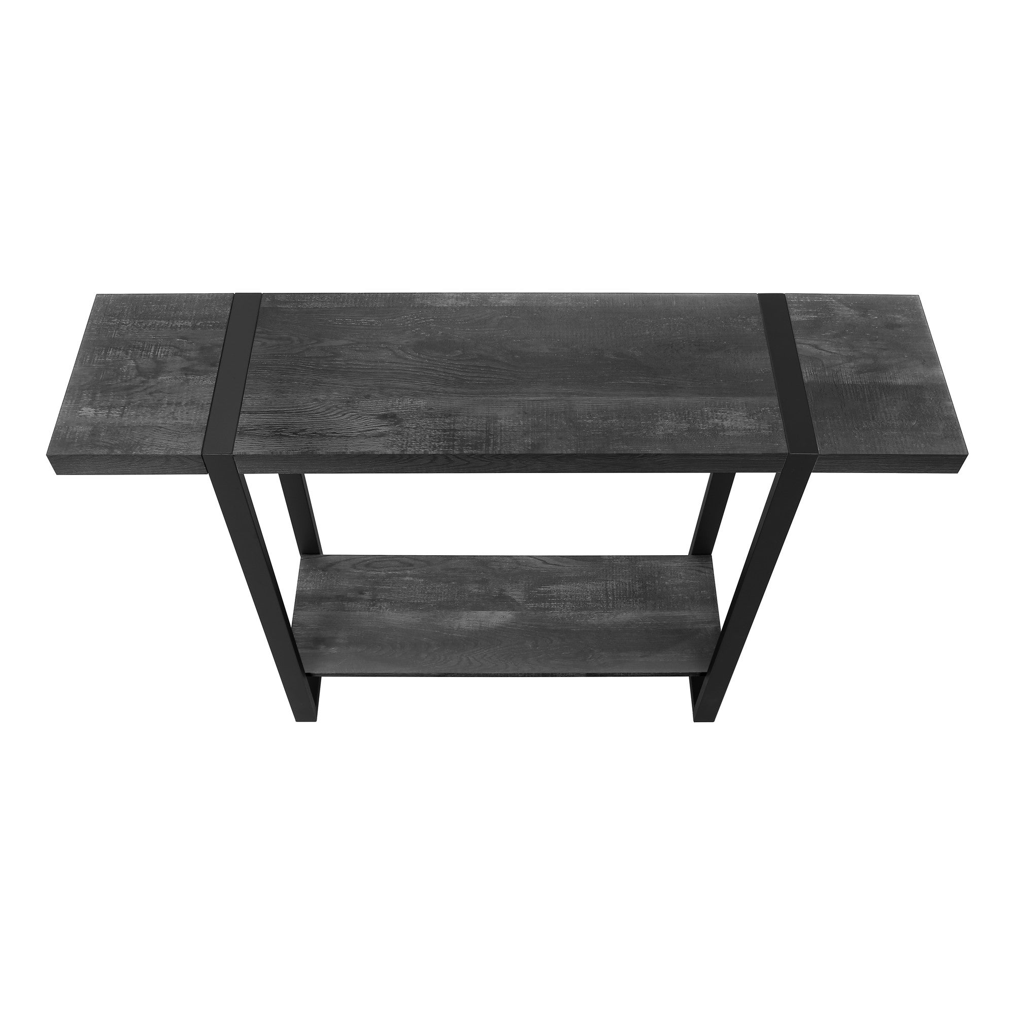 47" Black Wood and Metal Distressed Sled Console Table With Shelf