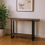 47" Brown and Black Wood and Metal Distressed Sled Console Table With Shelf