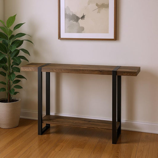 47" Brown and Black Wood and Metal Distressed Sled Console Table With Shelf