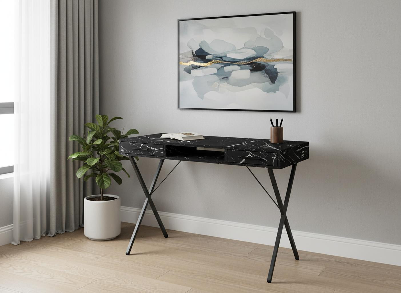 42" Black and White and Black Computer Desk With Two Drawers