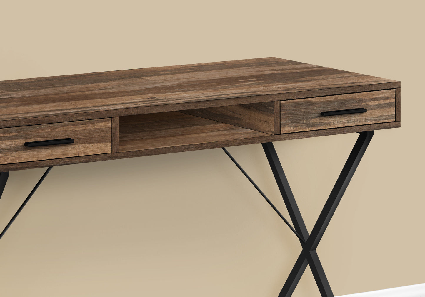 42" Brown and Black Wood and Metal x-Shape Computer Desk With Two Drawers