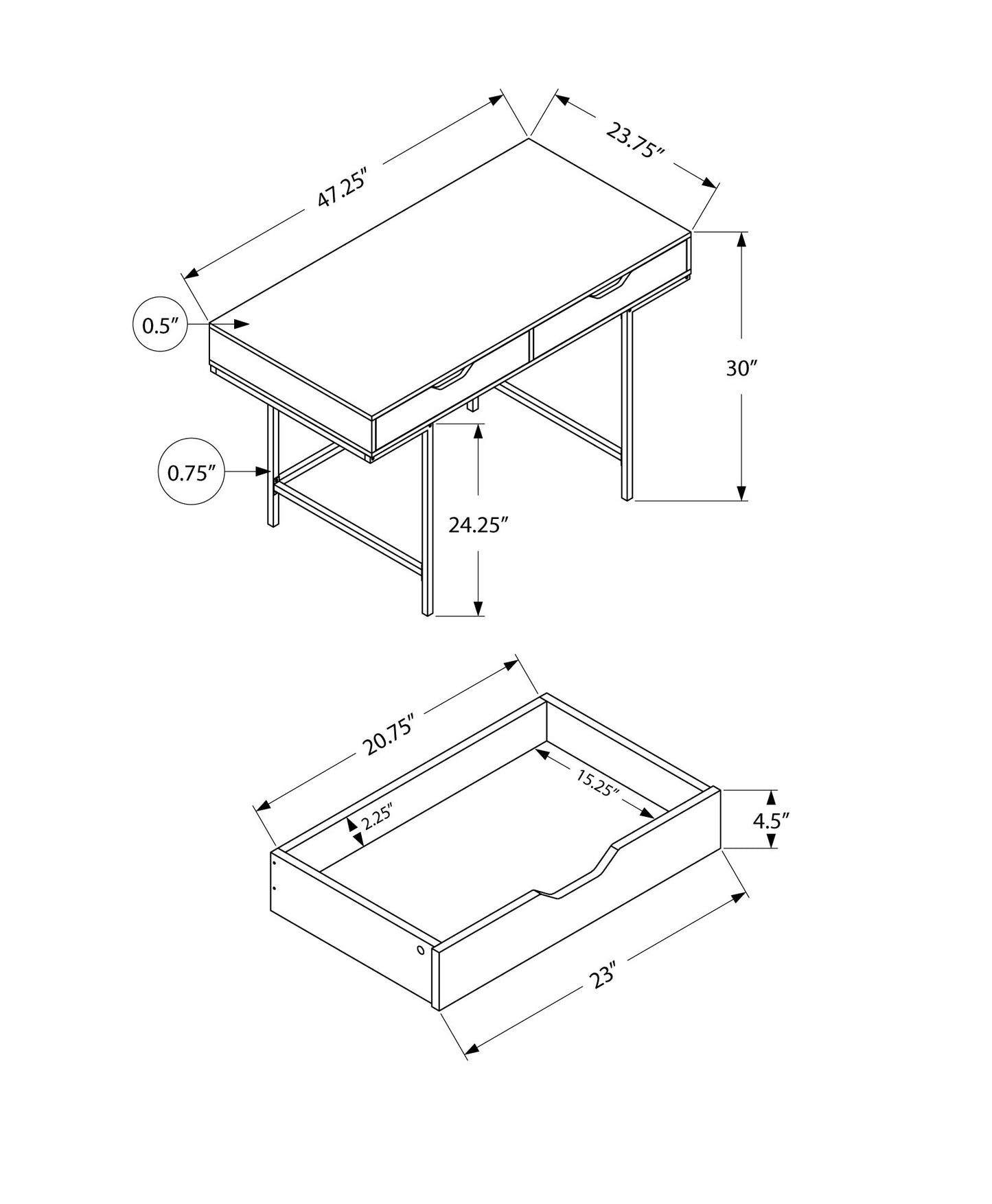 47" Black and White Wood and Metal H-Shape Computer Desk With Two Drawers