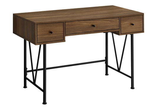 47" Brown and Black Wood and Metal Sled Computer Desk With Three Drawers