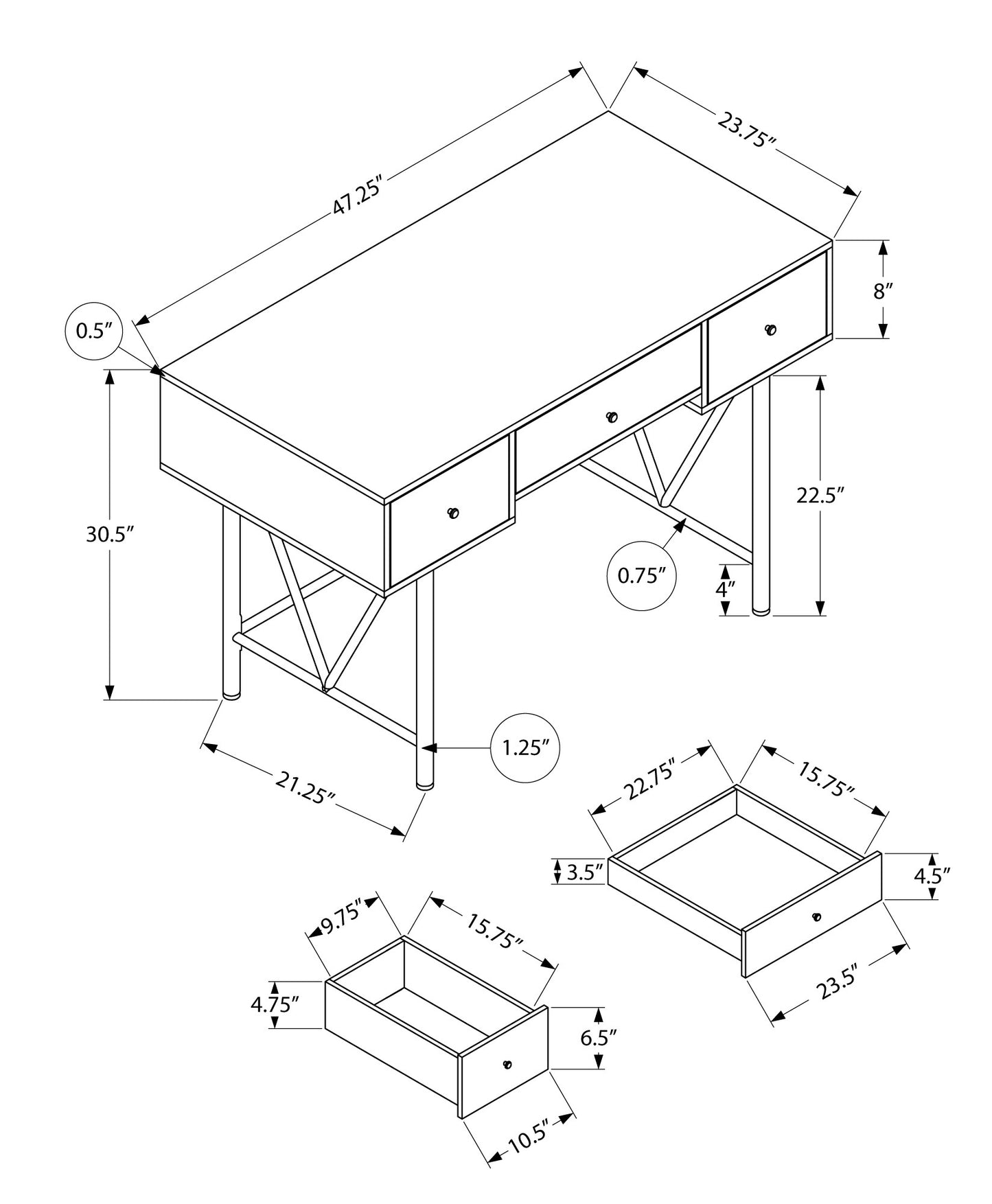 47" Brown and Black Wood and Metal Sled Computer Desk With Three Drawers