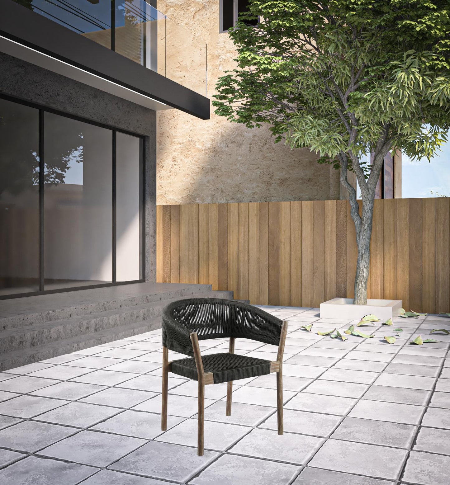 Set of Two 26" Black and Natural Wood Solid Wood Outdoor Dining Chair