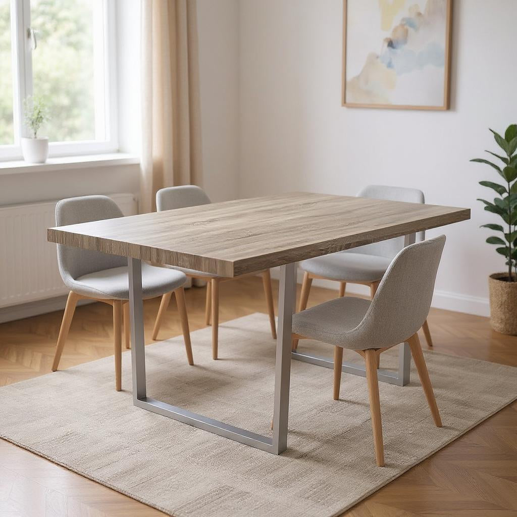 59" Taupe And Silver Solid Wood And Metal Sled Base Dining Table