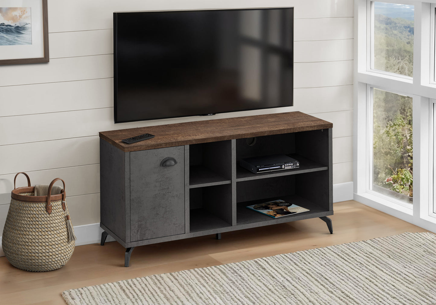 47" Brown And Gray Distressed Reclaimed Wood Enclosed and Open Storage TV Stand