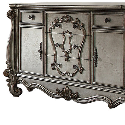 70" Platinum Carved Scrollwork Wood And Polyresin Five Drawer Triple Dresser