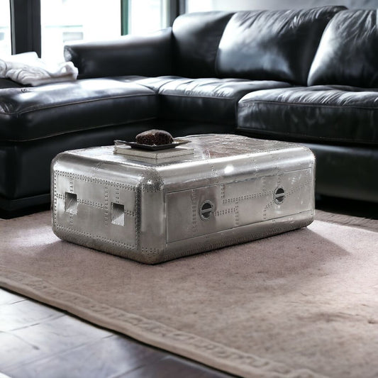 52" Silver Aluminum Solid Coffee Table With Drawer