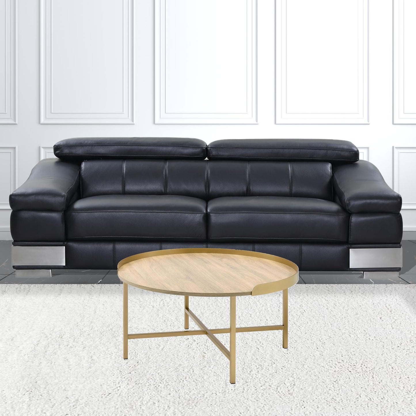 34" Oak and Gold Wood And Metal Round Sled Coffee Table