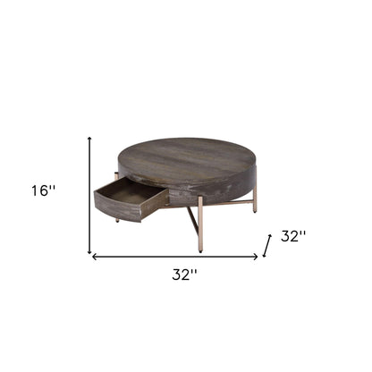 32" Dark Brown and Champagne Wood And Metal Round Sled Coffee Table With Drawer