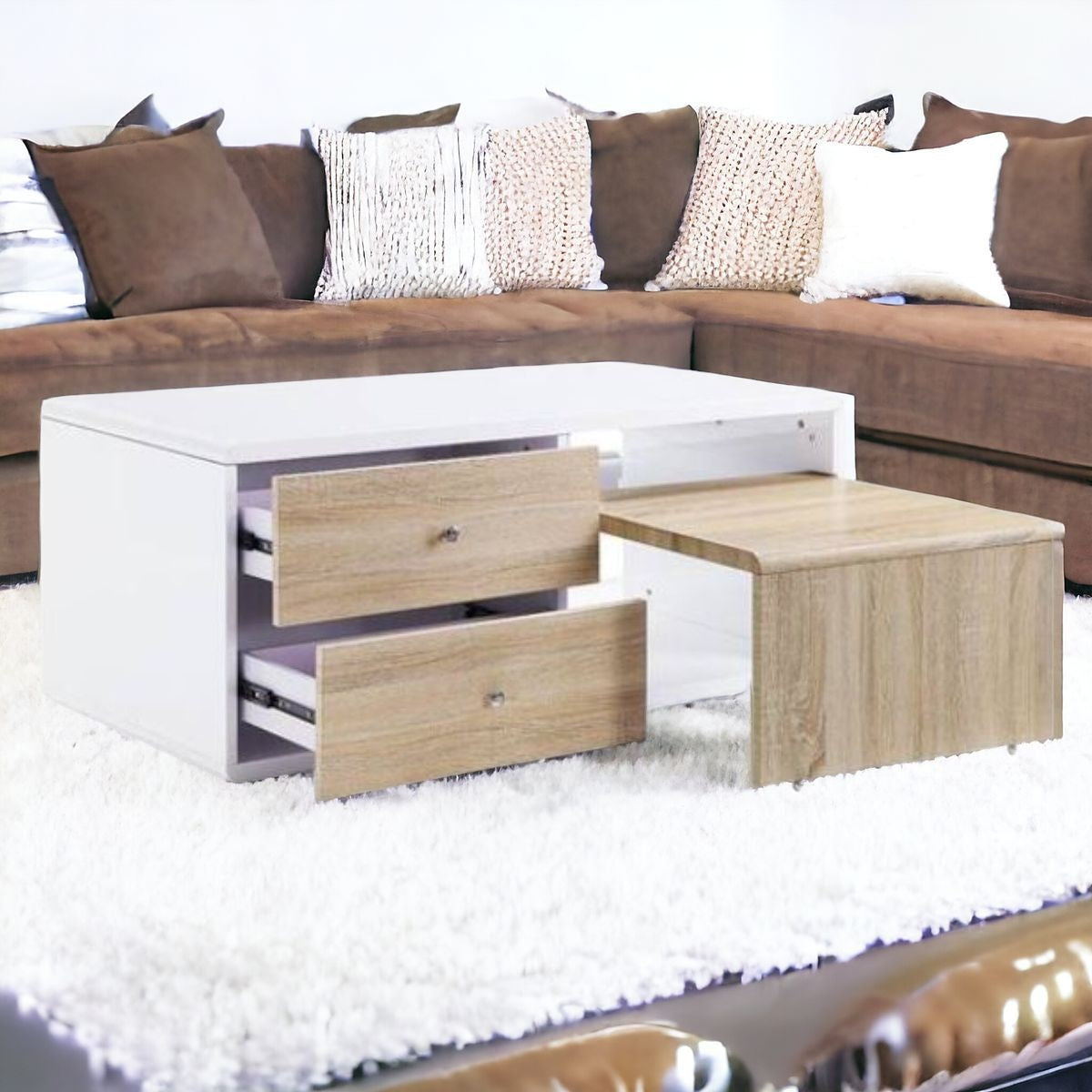 47" White and Natural Wood Frame Coffee Table With Two Drawers