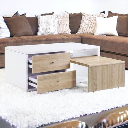 47" White and Natural Wood Frame Coffee Table With Two Drawers