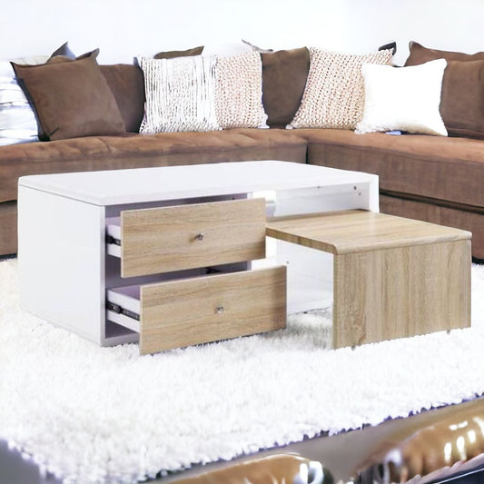 47" White and Natural Wood Frame Coffee Table With Two Drawers