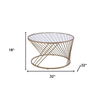 32" Clear and Champagne Glass And Metal Round Frame Coffee Table