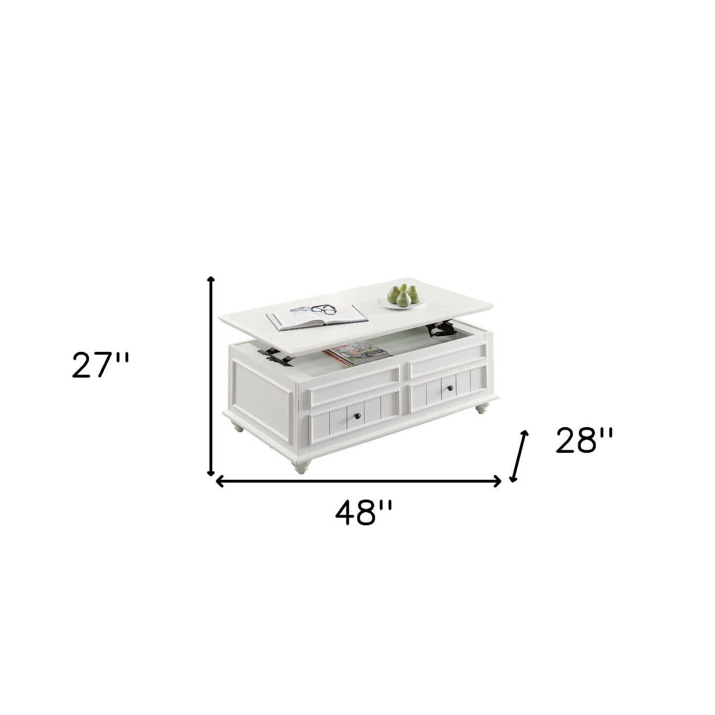 48" White Wood Lift Top Solid Coffee Table With Two Drawers