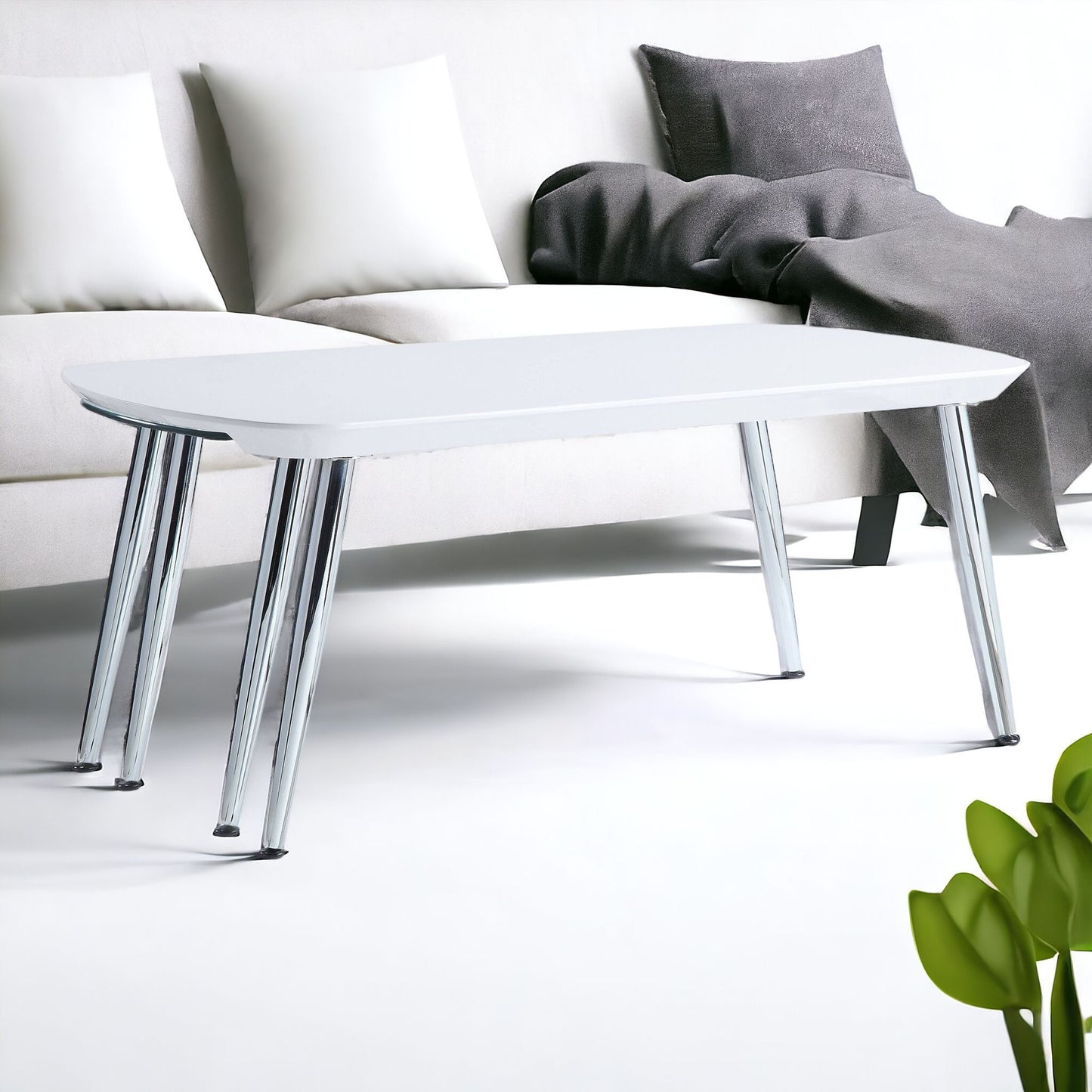 47" White Clear and Silver Wood And Glass And Metal Coffee Table