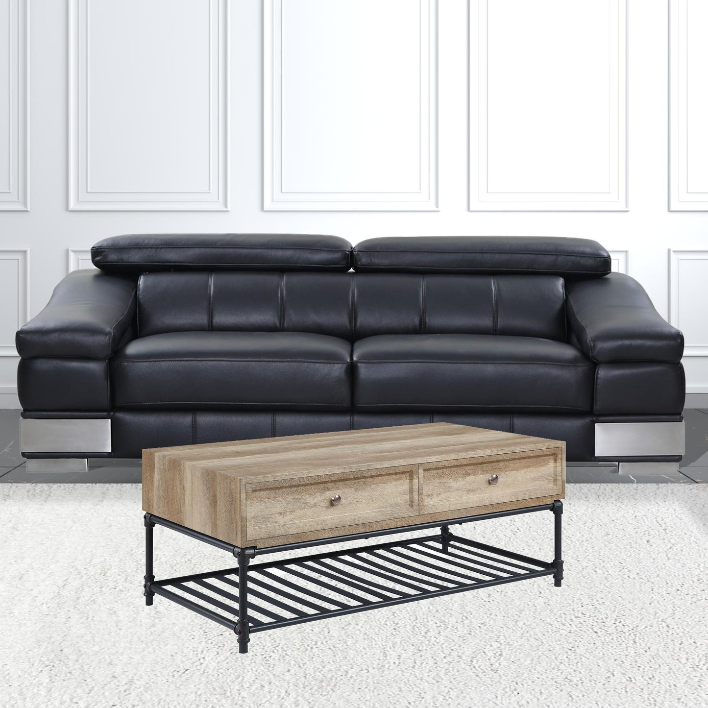 47" Oak and Brown Metal Coffee Table With Two Drawers And Shelf