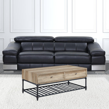 47" Oak and Brown Metal Coffee Table With Two Drawers And Shelf