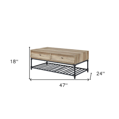 47" Oak and Brown Metal Coffee Table With Two Drawers And Shelf