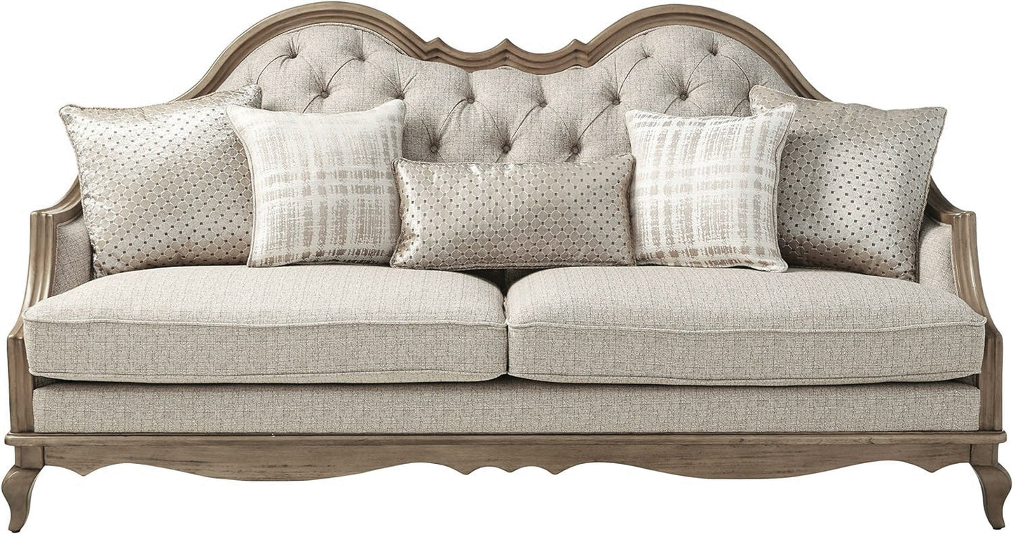 86" Brown And Beige Upholstered Solid Wood Sofa With Toss Pillows