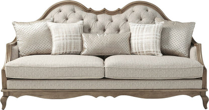 86" Brown And Beige Upholstered Solid Wood Sofa With Toss Pillows