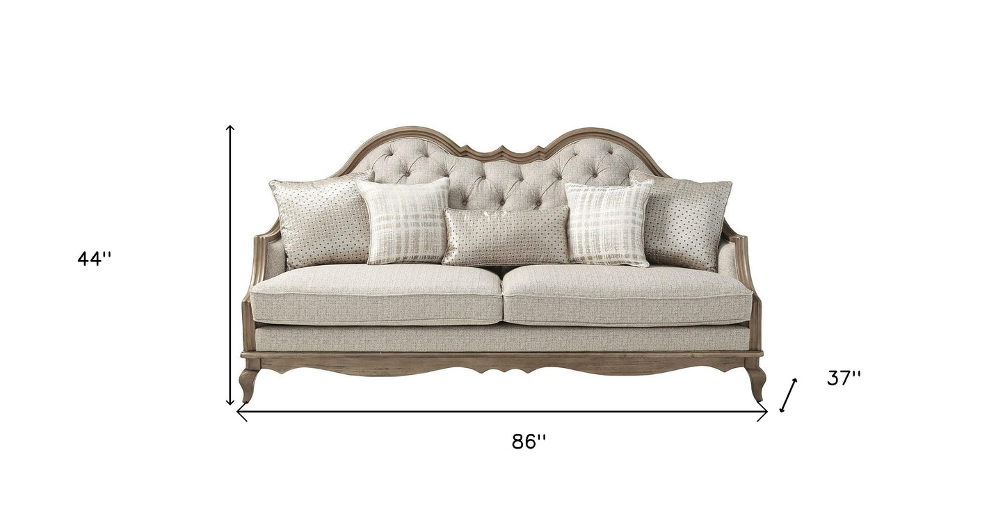 86" Brown And Beige Upholstered Solid Wood Sofa With Toss Pillows