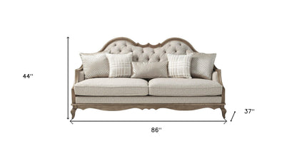 86" Brown And Beige Upholstered Solid Wood Sofa With Toss Pillows