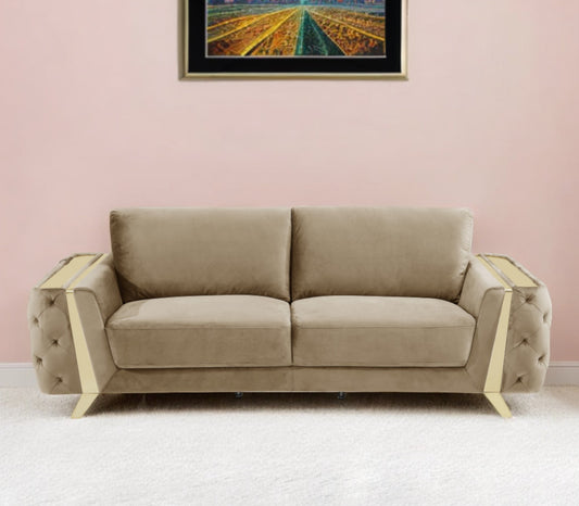 90" Beige Velvet Sofa With Gold Legs