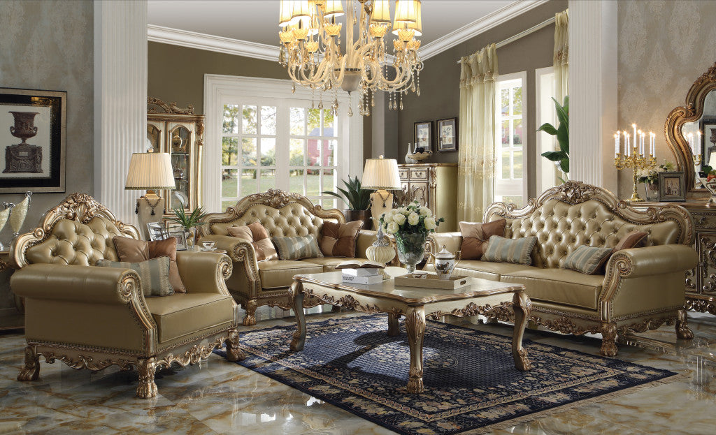 45" Ivory and Gold Faux Leather Tufted Arm Chair And Toss Pillows