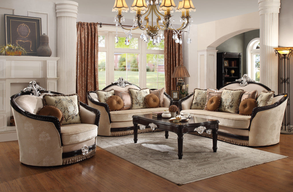 47" Tan and Black Fabric Floral Arm Chair And Toss Pillows