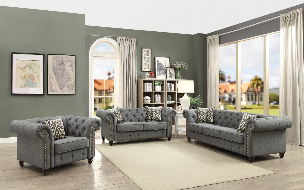45" Brown and Black Linen Tufted Chesterfield Chair And Toss Pillow