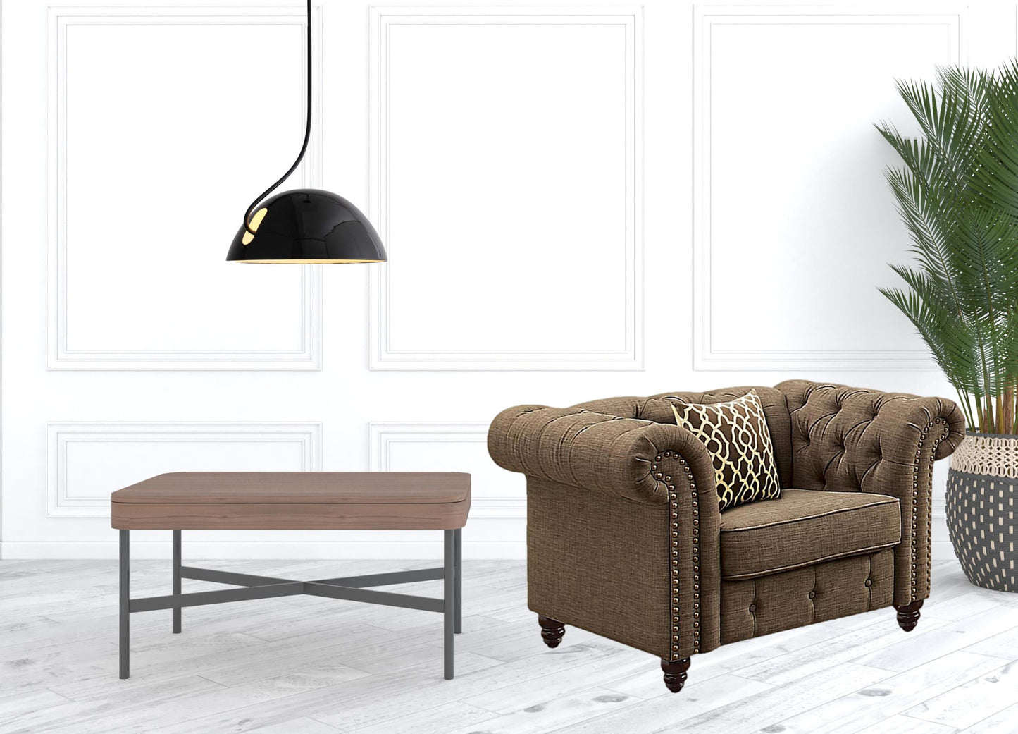 45" Brown and Black Linen Tufted Chesterfield Chair And Toss Pillow