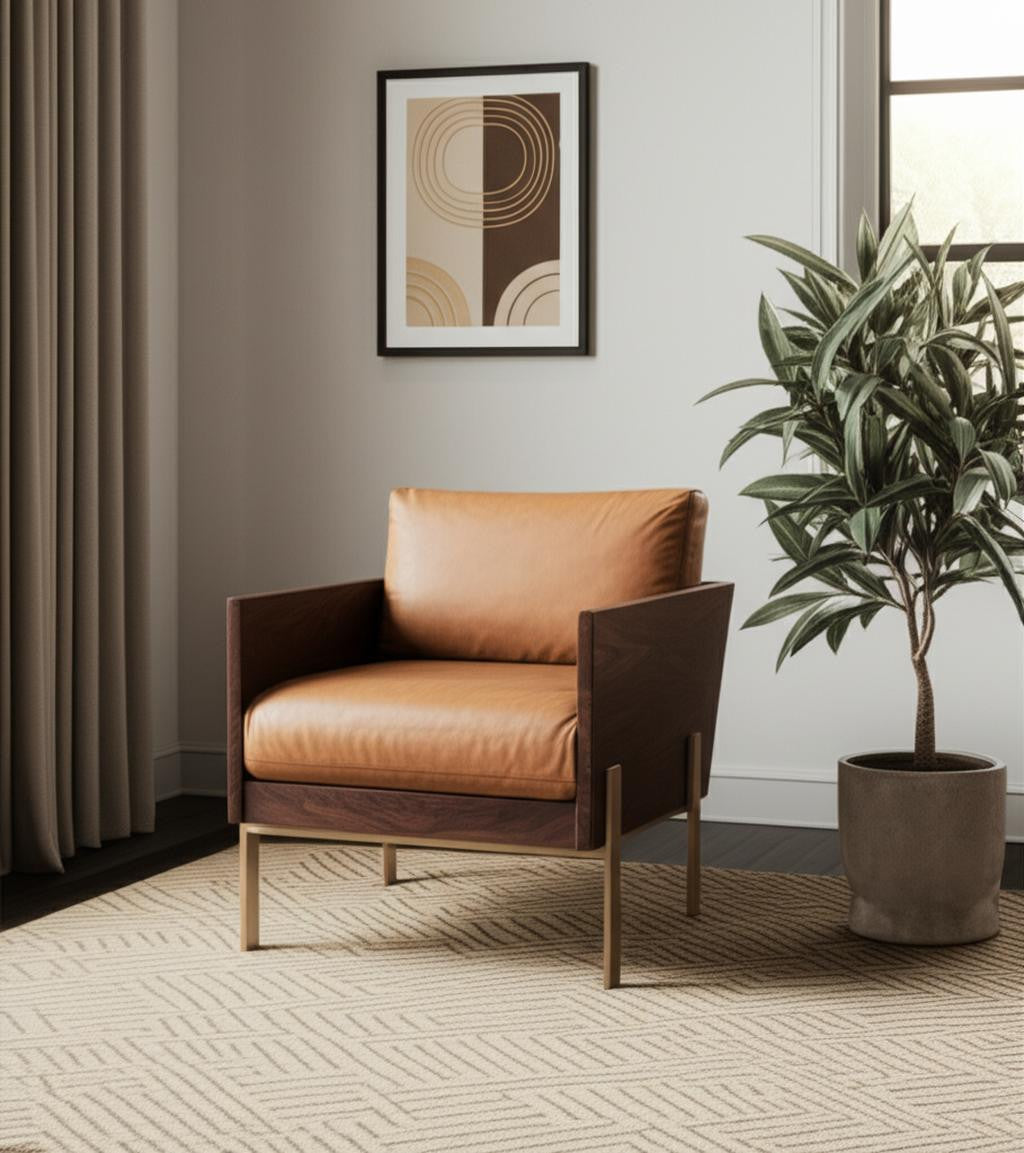 31" Brown Top Grain Leather And Solid Wood Arm Chair