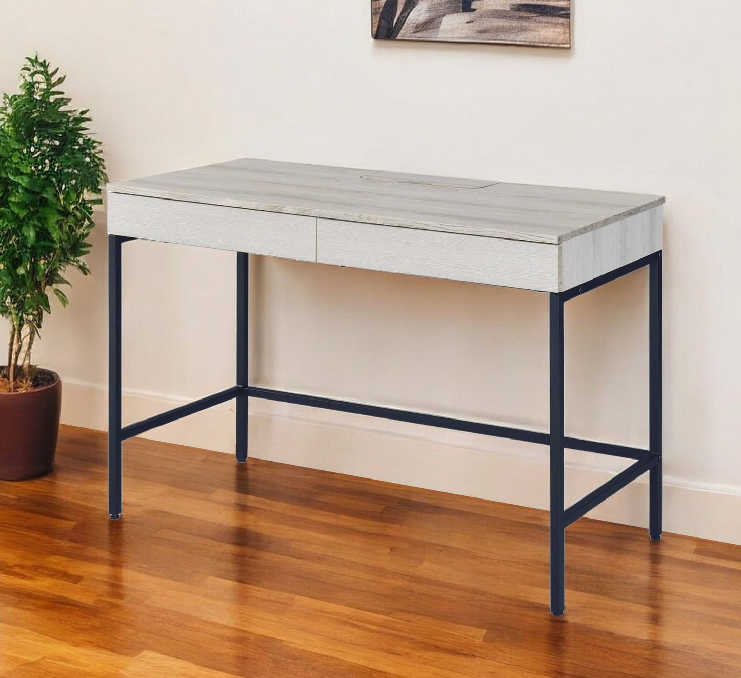 42" Natural and Black Writing Desk With Two Drawers
