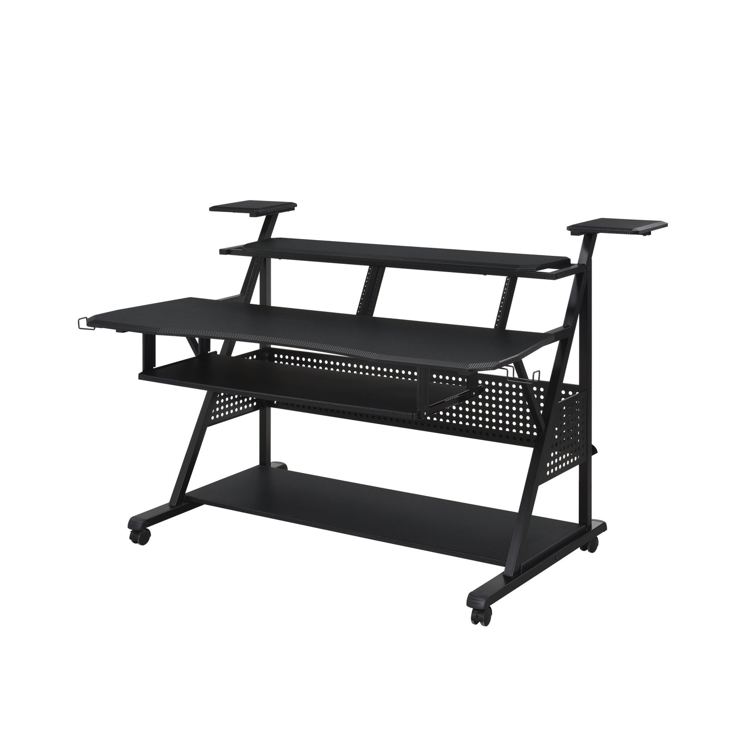 67" Black Wood and Metal Rolling Computer Desk