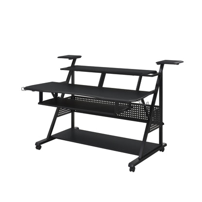 67" Black Wood and Metal Rolling Computer Desk