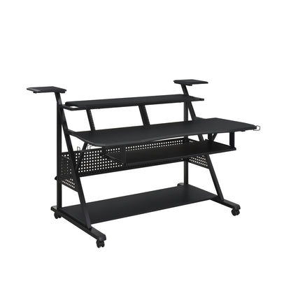 67" Black Wood and Metal Rolling Computer Desk