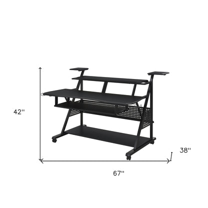67" Black Wood and Metal Rolling Computer Desk